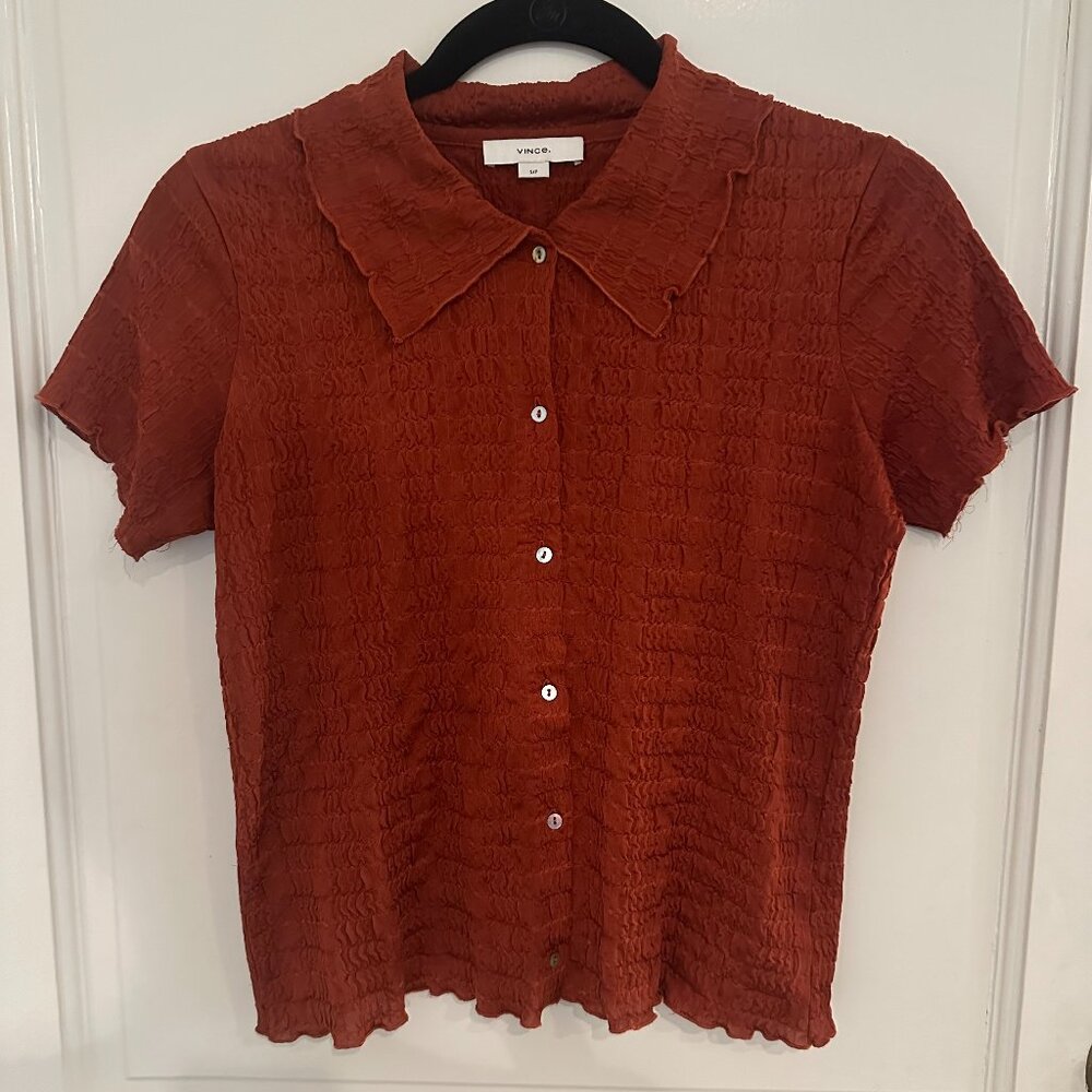 Vince Smocked Short Sleeve Button-Up Rust Blouse